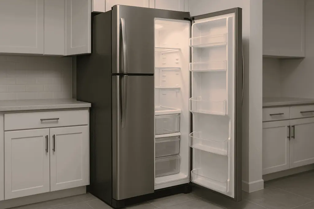 A stainless steel refrigerator in a bright kitchen
