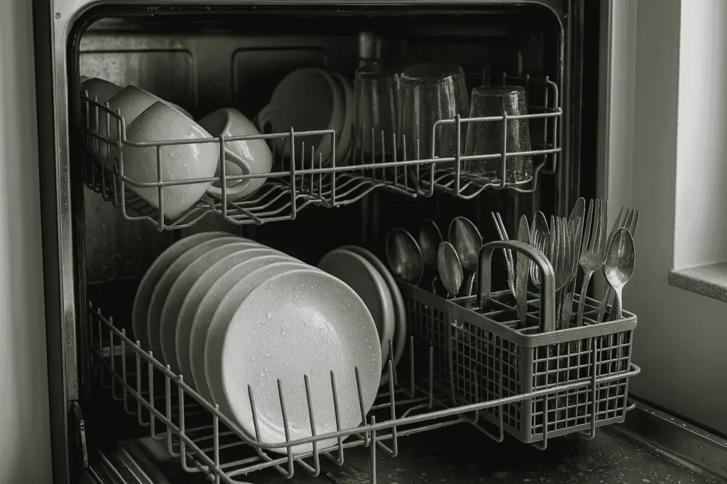 Dishwasher not working: dishes in a dishwasher rack