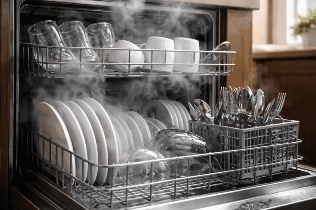 Steam rising from a dishwasher
