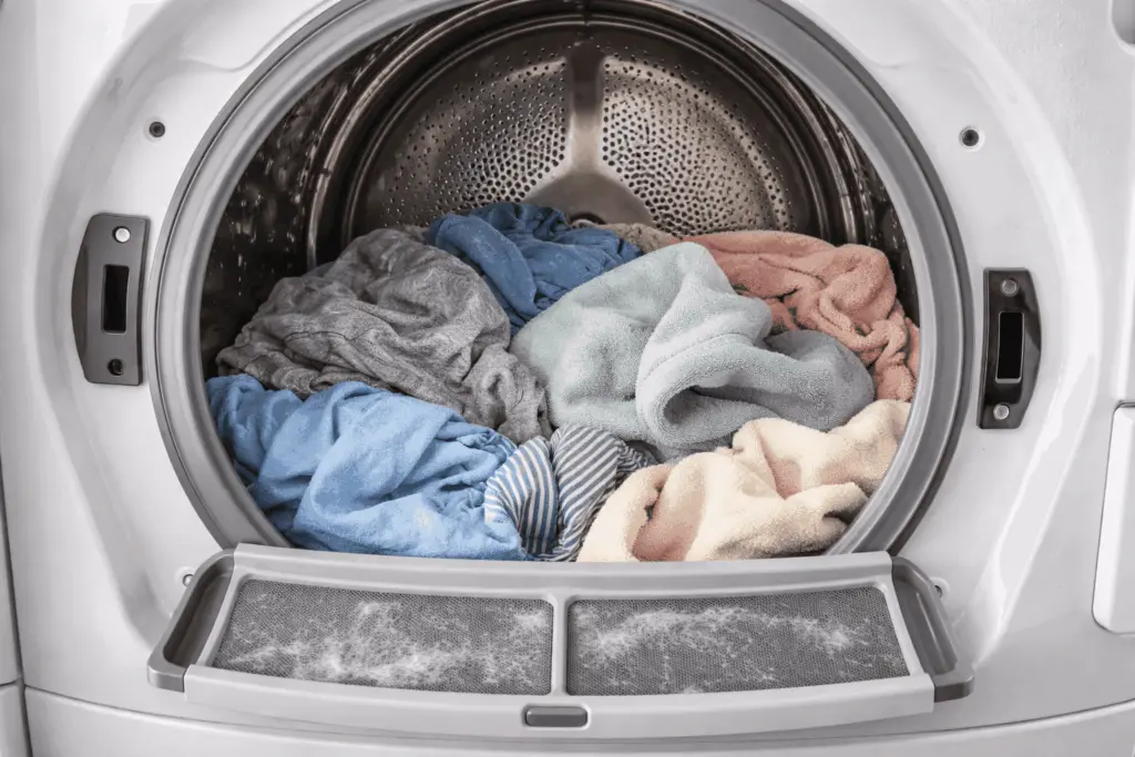 Clothes inside a dryer drum