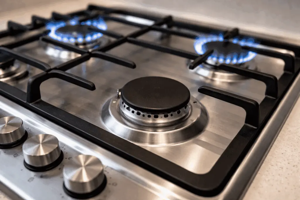 Range installation: gas burners lit on a range cooktop