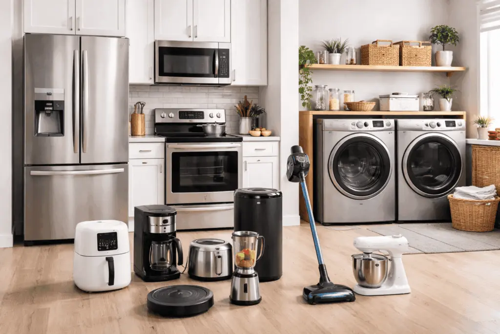 Household appliances in a kitchen and laundry room