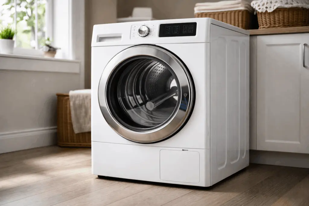 Washer maintenance: a washing machine in a bright laundry room