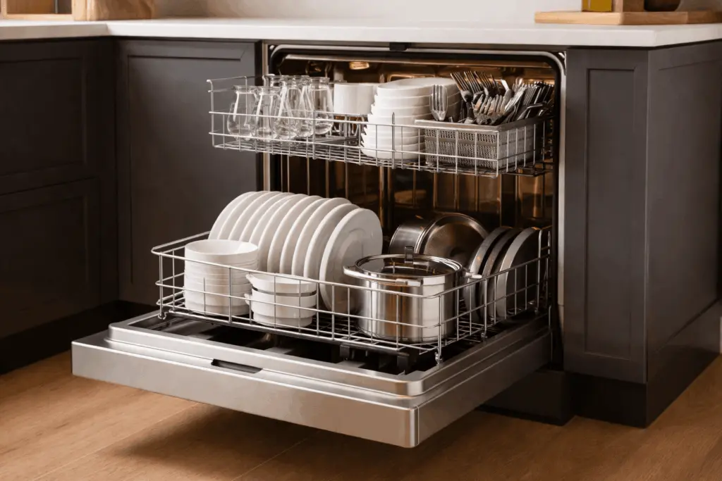 An open dishwasher with a loaded rack