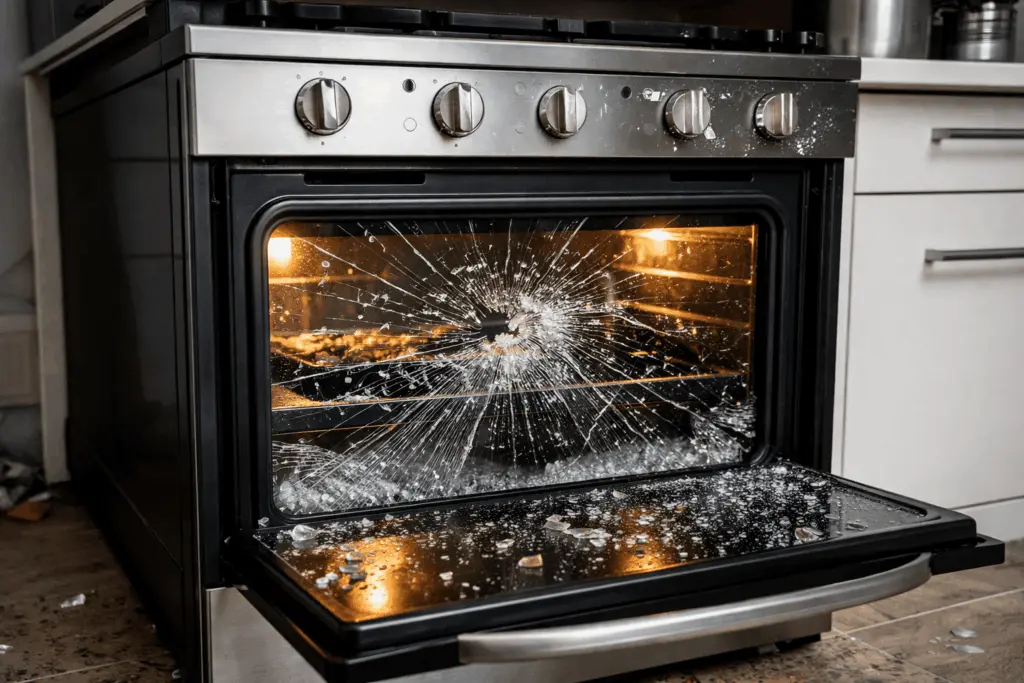 An oven with a damaged glass door