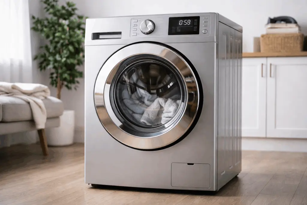 Washer installation: a front-load washer in a laundry room