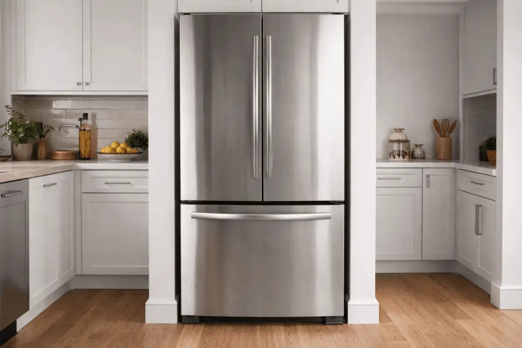 A refrigerator in a bright kitchen