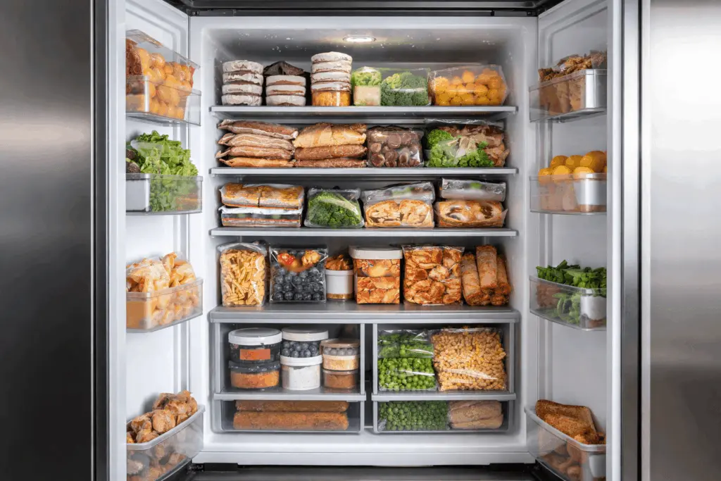 Freezer maintenance: an open freezer full of food