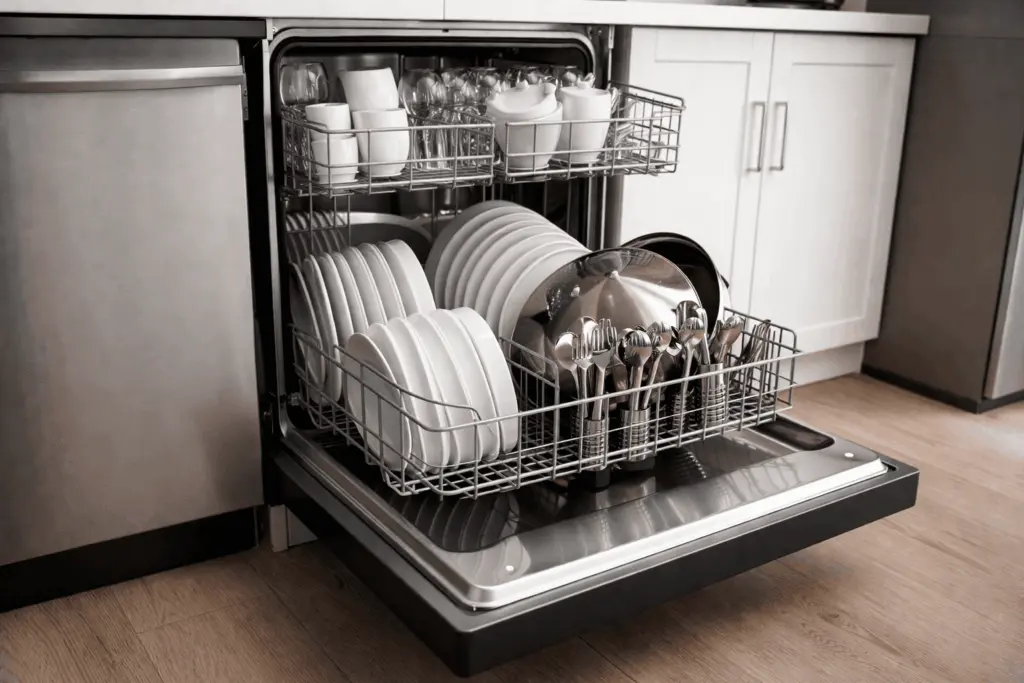 A dishwasher with dishes