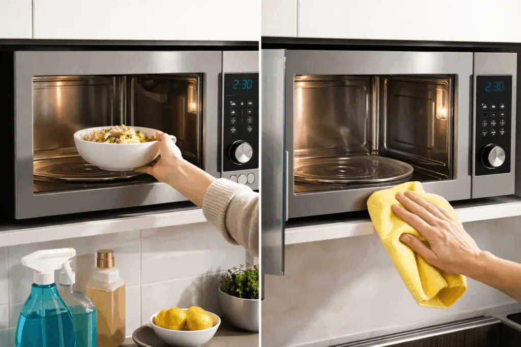 A built-in microwave being cleaned