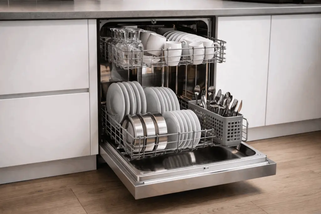Dishwasher leaking: a dishwasher in a white kitchen