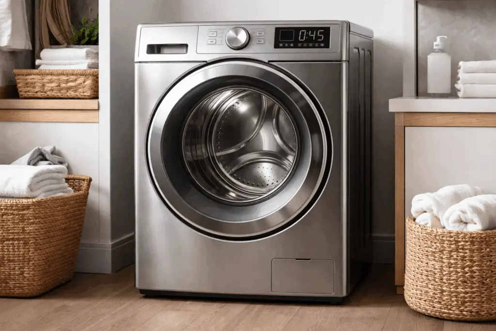 A front-load dryer in a home