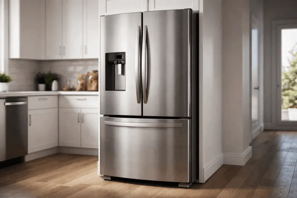 A stainless steel refrigerator in a home kitchen